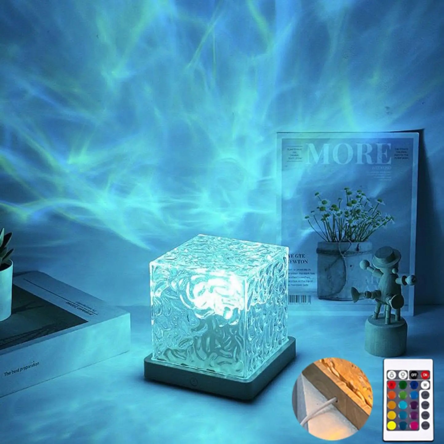 Cube,  Lamp, 16 Colors Light Projector,  Glow Lamp, -  Water Wave Effect - Night Light with Remote Control Power