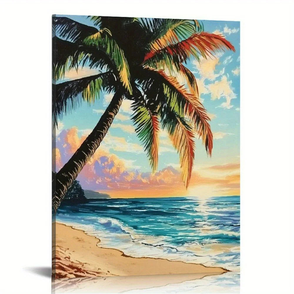 Romantic Coastal Painting with Warm Sunset