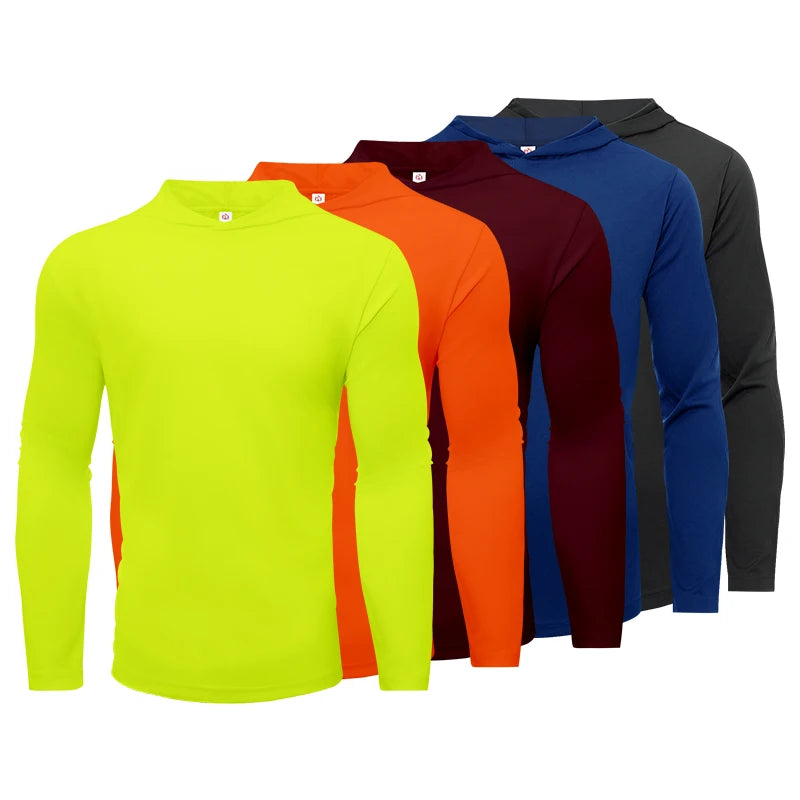 Men's five piece sports long sleeved T-shirt,- hooded solid color breathable sports shirt, suitable for running and fitness