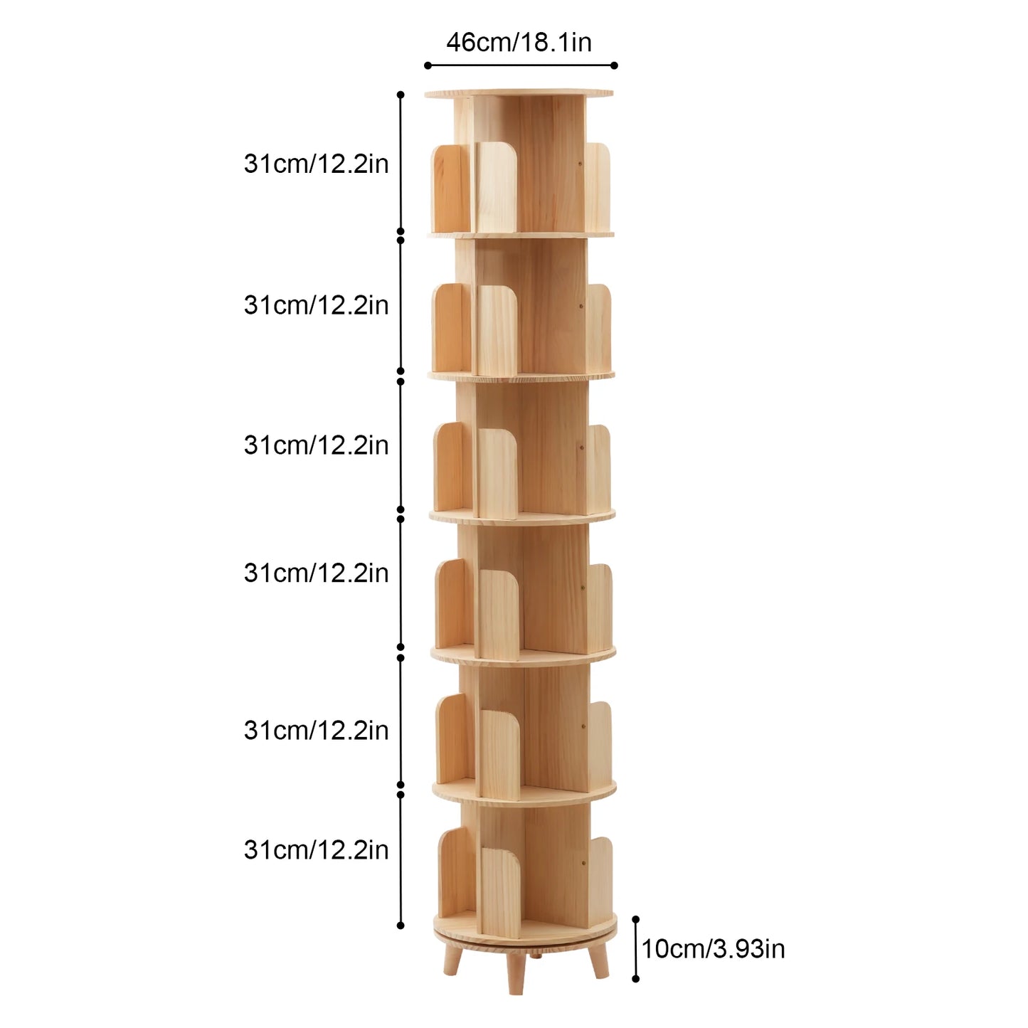 6-Tier Rotating Bookshelf Spinning Bookshelf Organizer, 360° Display Floor Standing Wood Bookcase Storage Rack for Kids&Adults