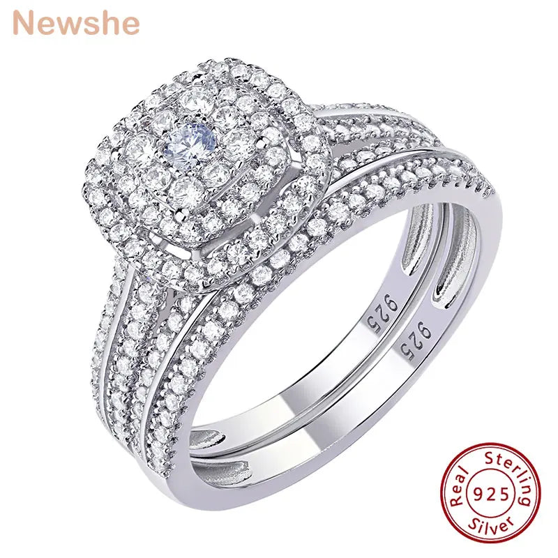 2Pcs Rings for Women - Solid 925 Sterling Silver - Halo Round Cut AAAAA Zircon