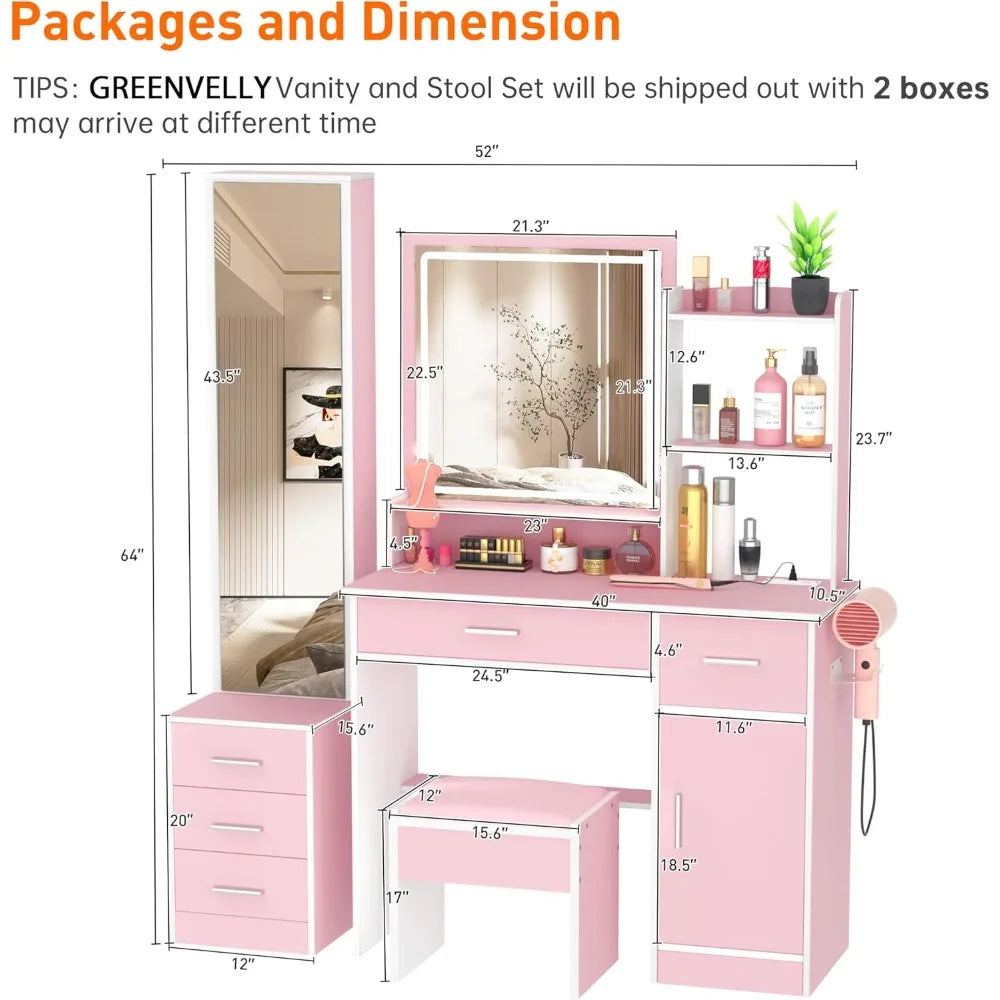 Makeup Vanity with Lights and 2 Mirror, Vanity Table with 3 Lighting Modes and Stool Set, Large Dressing Table with Drawers, Va