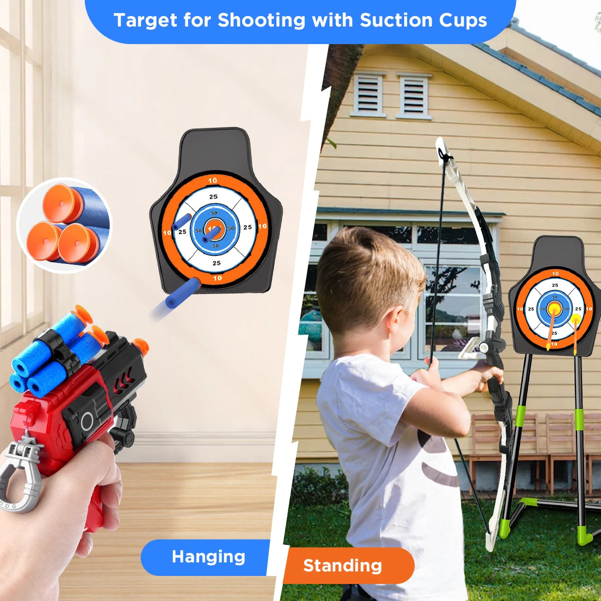 VATOS 2X Bow Arrow + Guns Toy For Kids - LED Light Up Archery with Suction Cup Stand - Target Dart Board Indoor Outdoor Game Toys