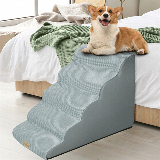 Dog Ramp Step Stairs - 5 Steps - Pet Stairs for High Beds and Sofa - Density Sponge Foam -  Removable Washable Cover