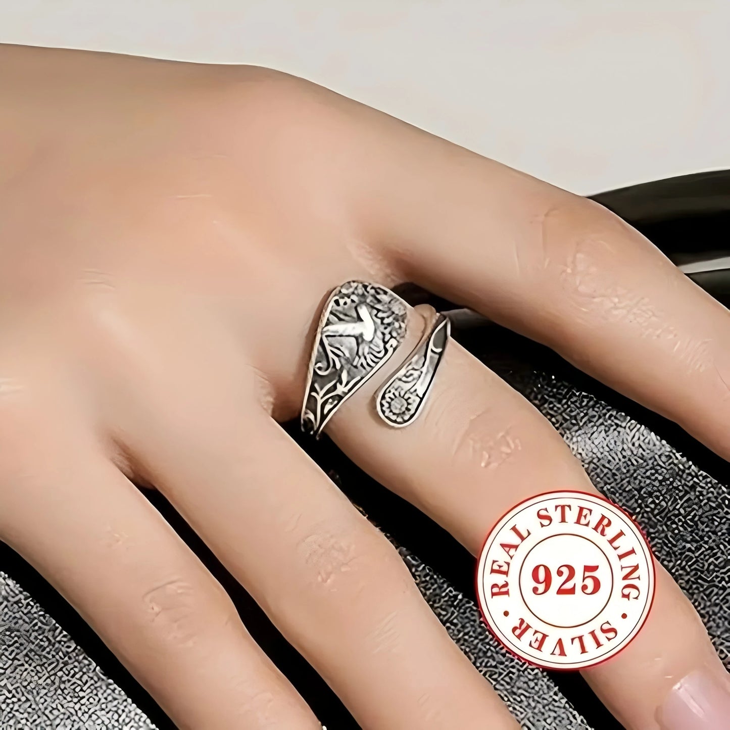 Adjustable Bohemian Ring - S925 Silver Floral & Bird Open Band, - Unique Gift Idea