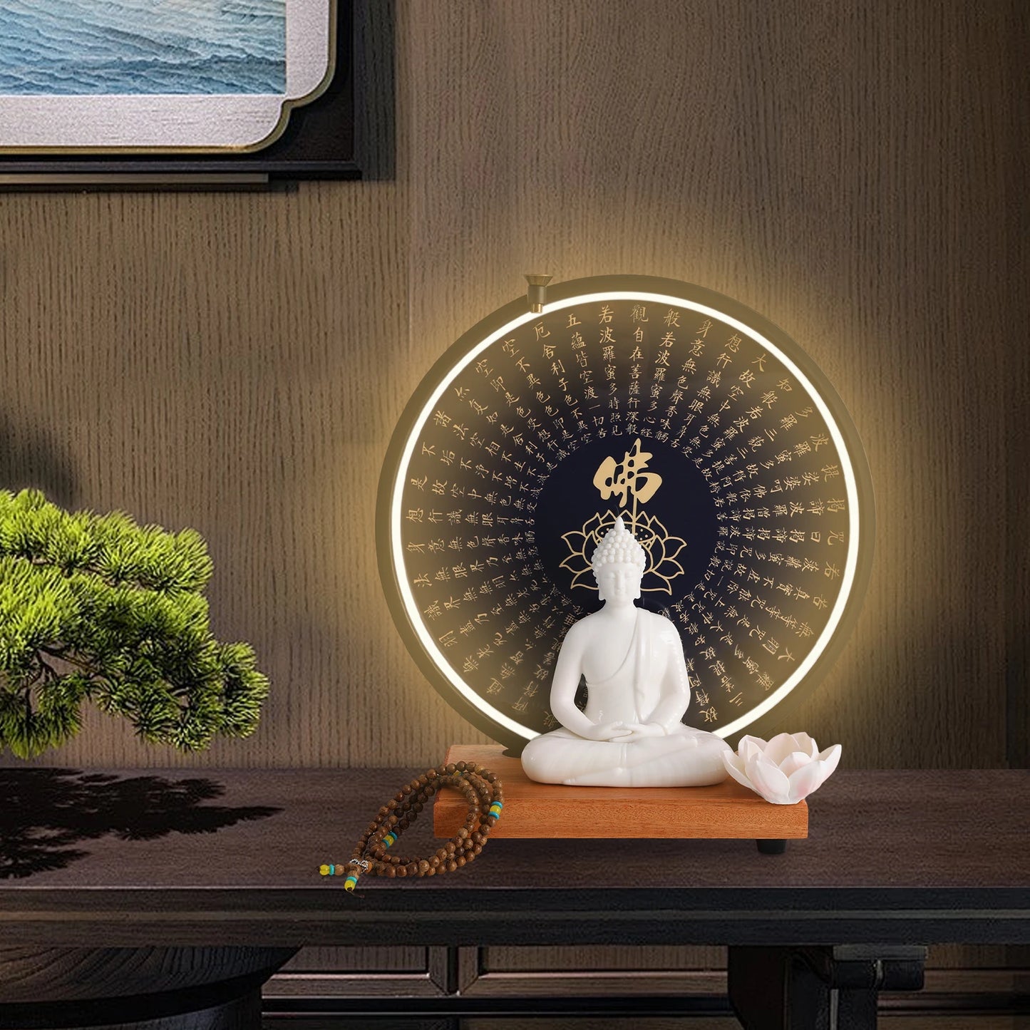 Buddha Statue  Decor White/Red/Yellow/Blue 11.8*4.7*13in with Circle LED Lamp
