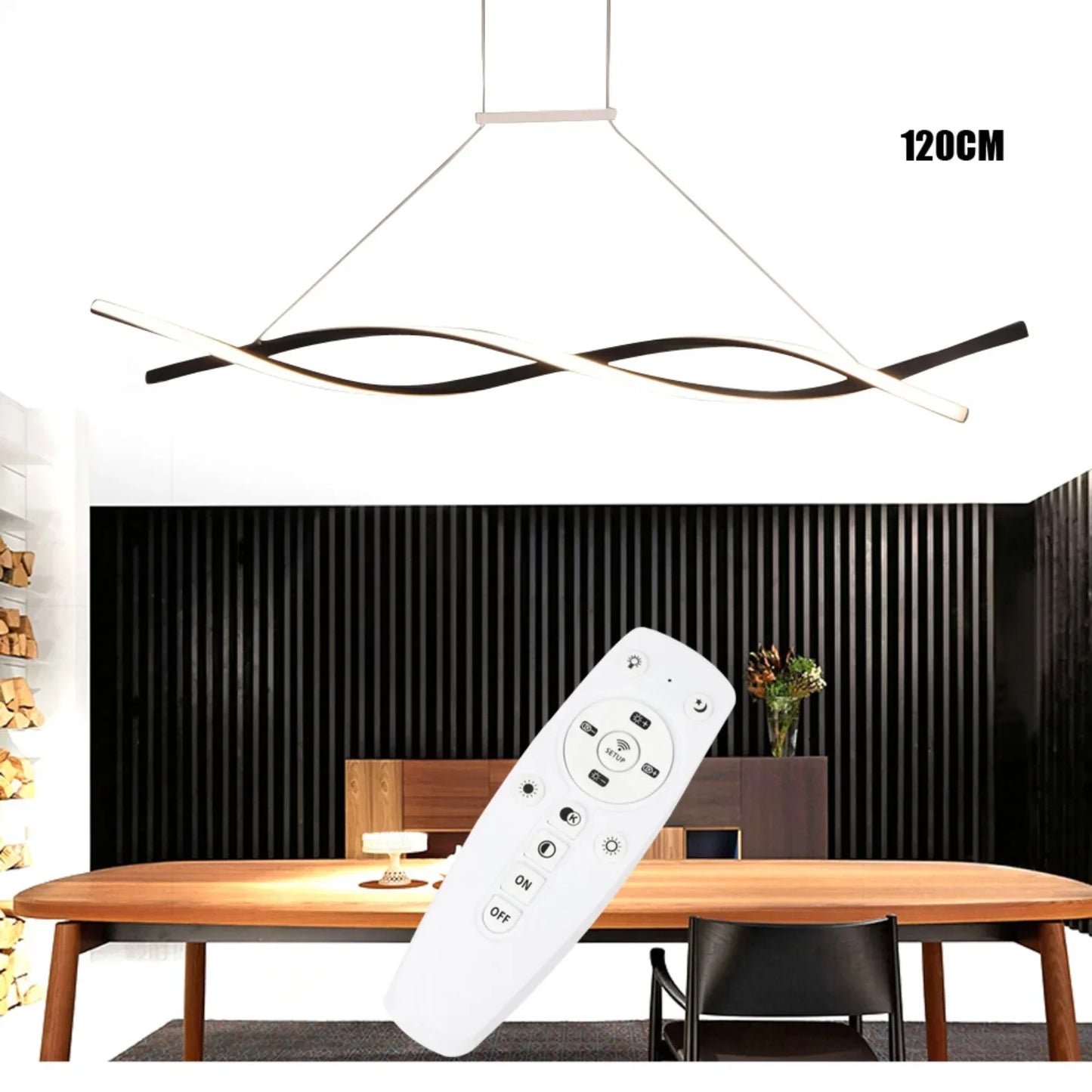 Modern Black Pendant Light for Dining Room, Remote Control Dimmable LED CeilingLight Fixture, 46W 110V Adjustable Height 1.2m