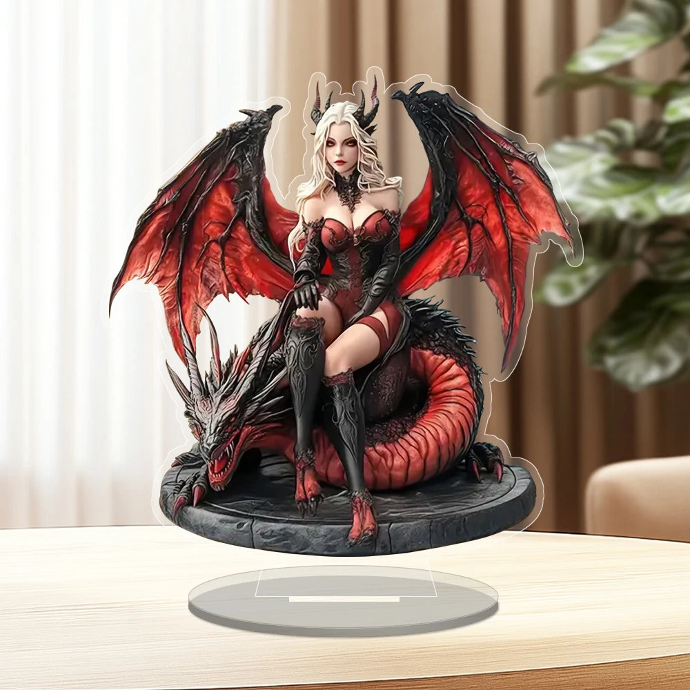 Acrylic Enchantress & Red Dragon Figurine - Halloween Theme Decorative