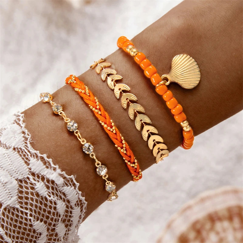 4pcs/set Bohemia Shell Bracelets for Women -  Metal Chain Bangles