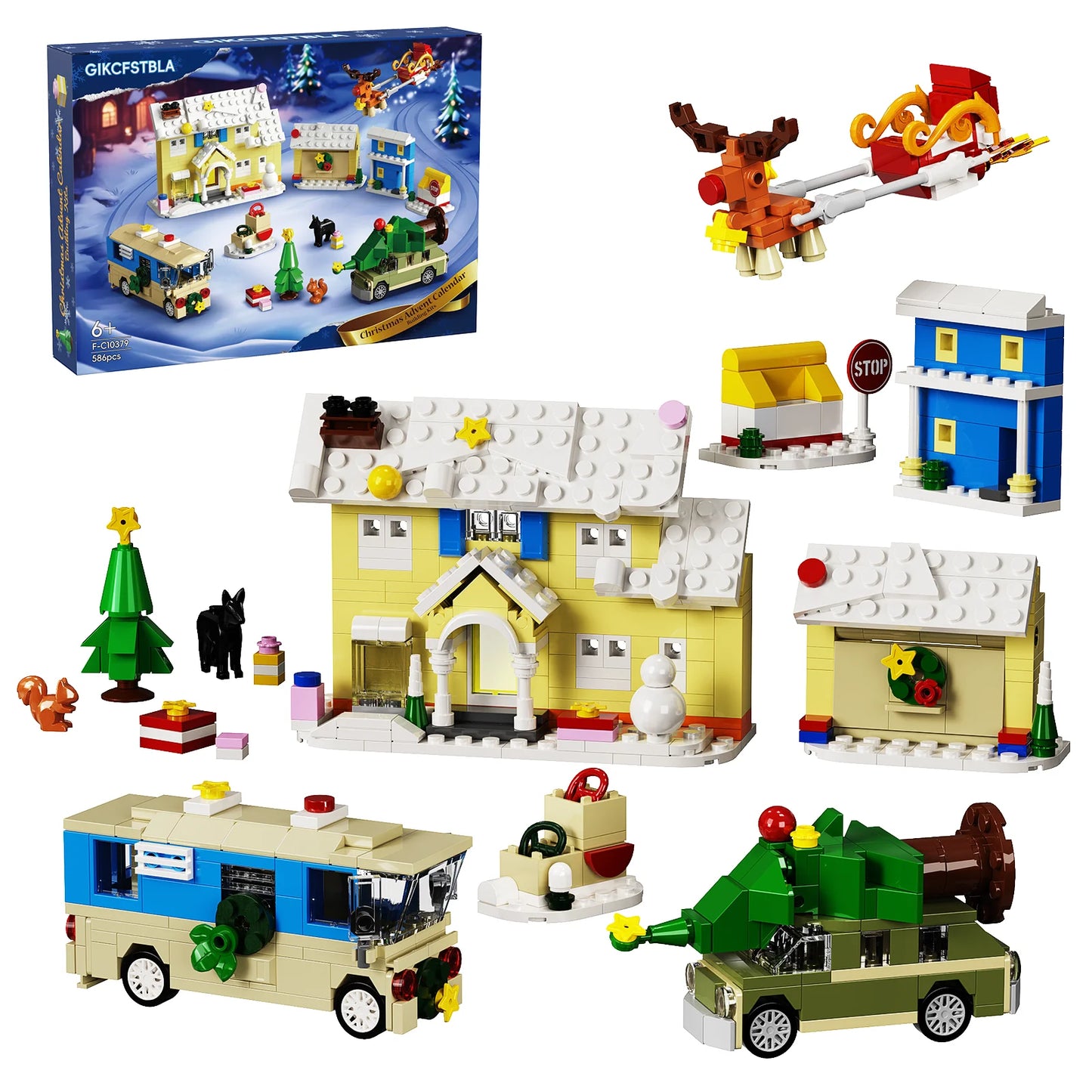 Christmas Holiday Advent Calendar - Building Blocks Set 24 Surprises - Festive Decor with Houses, RV, Car,Gifts for Boys and Girls