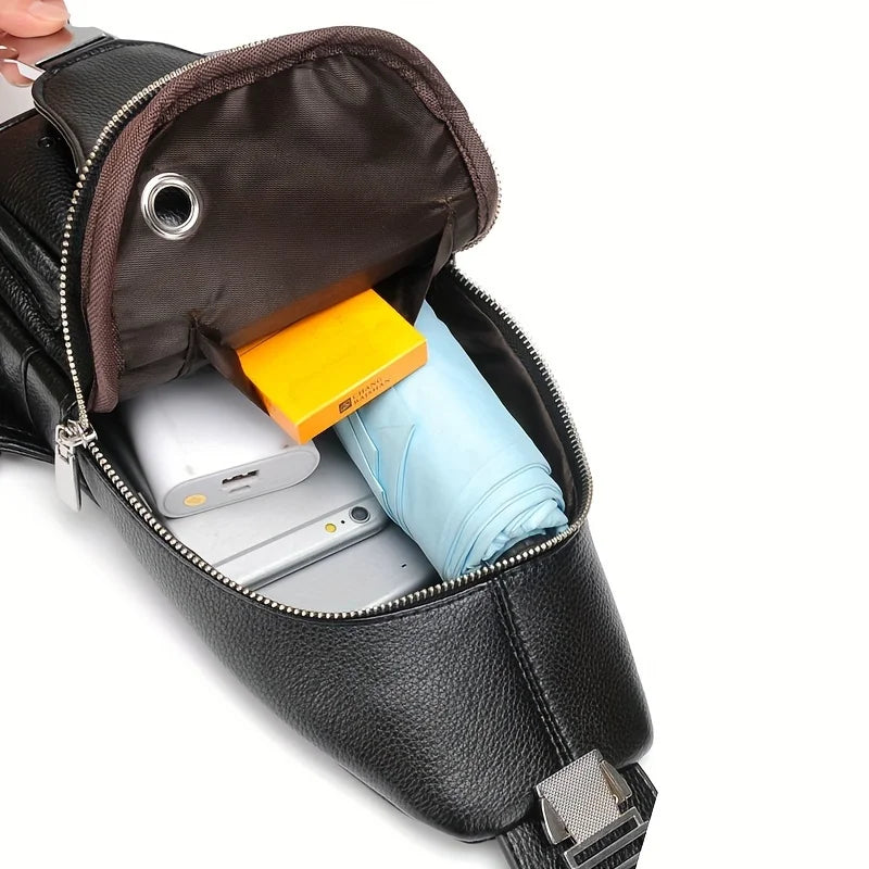 Men’s Vintage  Leather Sling Bag – Large Capacity Crossbody Chest Bag with Multi-Pockets