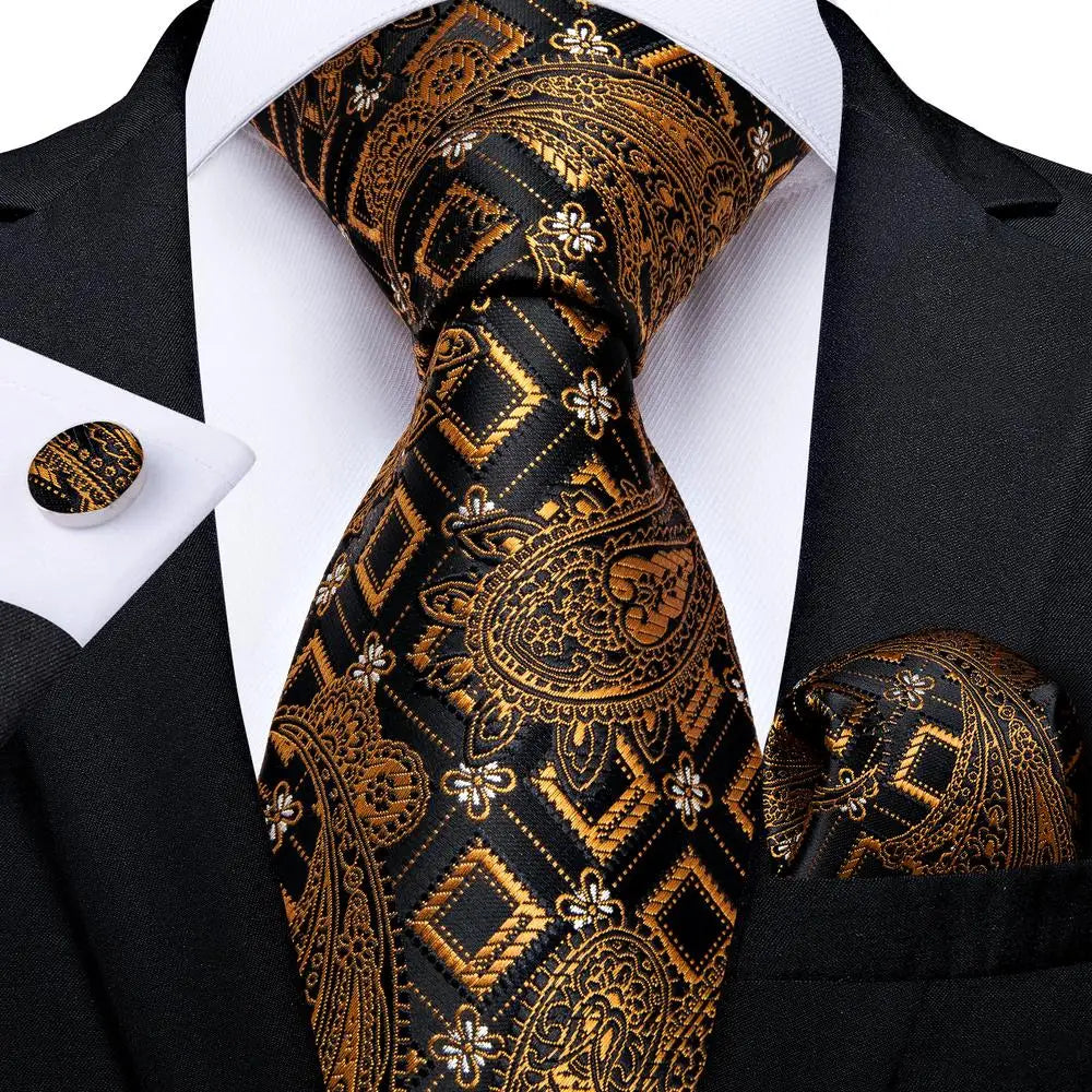 Luxury Mens Tie Black Golden Jacquard Necktie Pocket Square Cufflinks