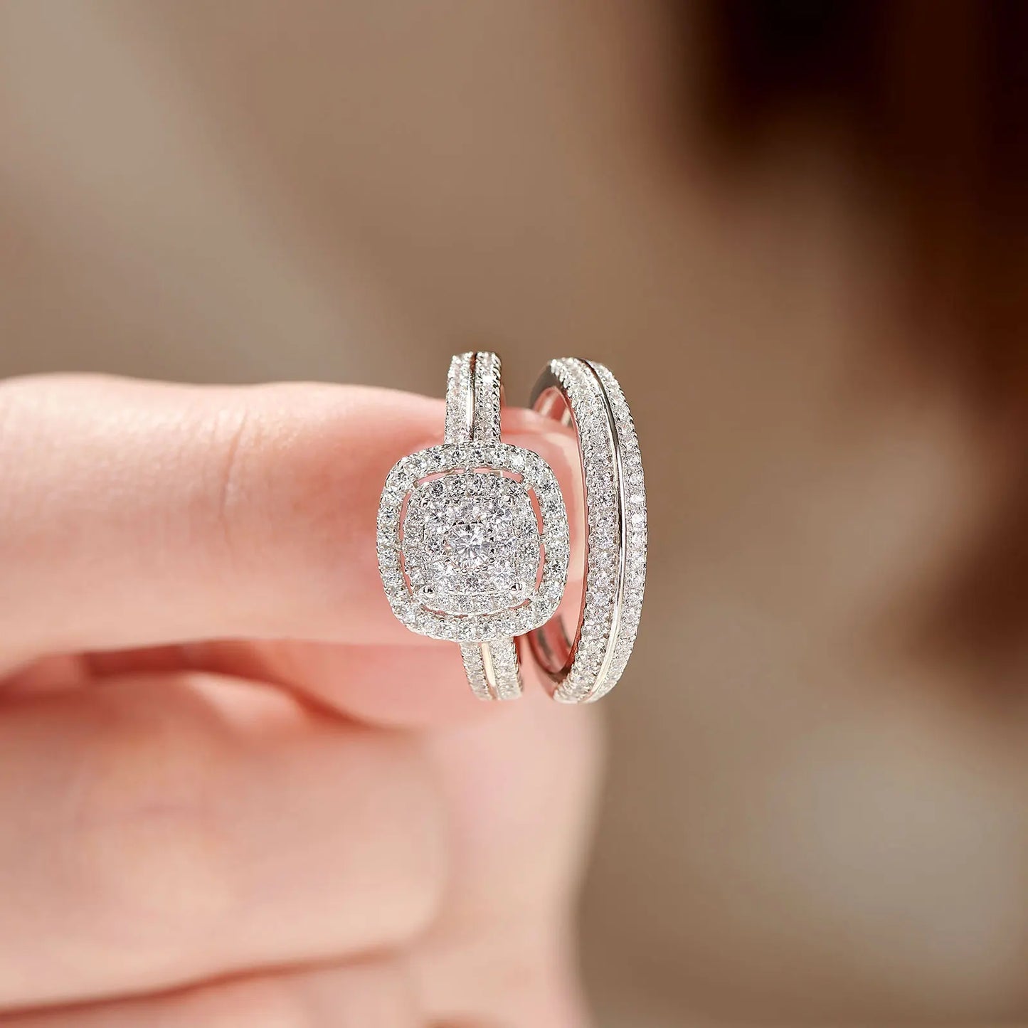 2Pcs Rings for Women - Solid 925 Sterling Silver - Halo Round Cut AAAAA Zircon