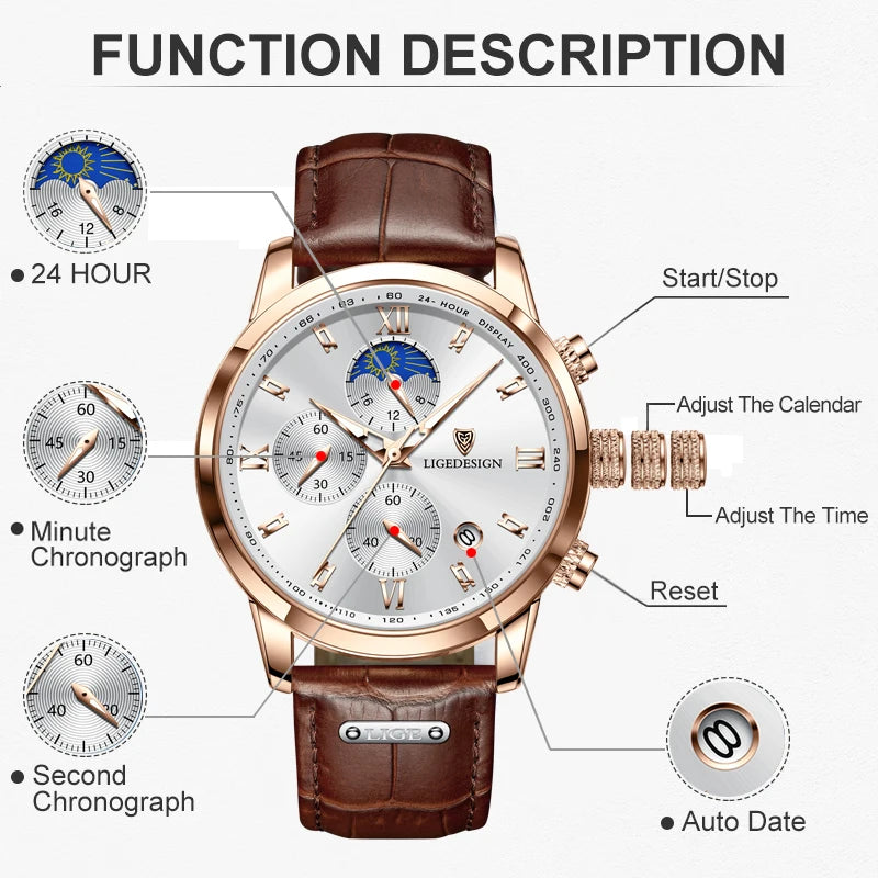 Business Watch Men - Fashion Leather  Waterproof - Men's Quartz Wristwatches - 24 Hour Moon Phase Watch