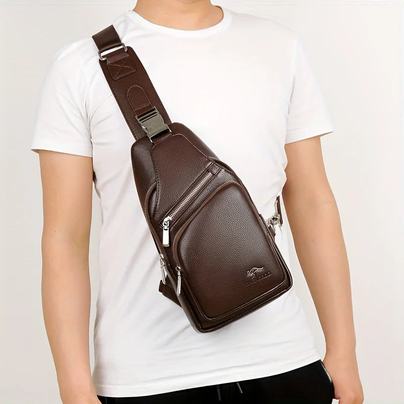 Men’s Vintage  Leather Sling Bag – Large Capacity Crossbody Chest Bag with Multi-Pockets