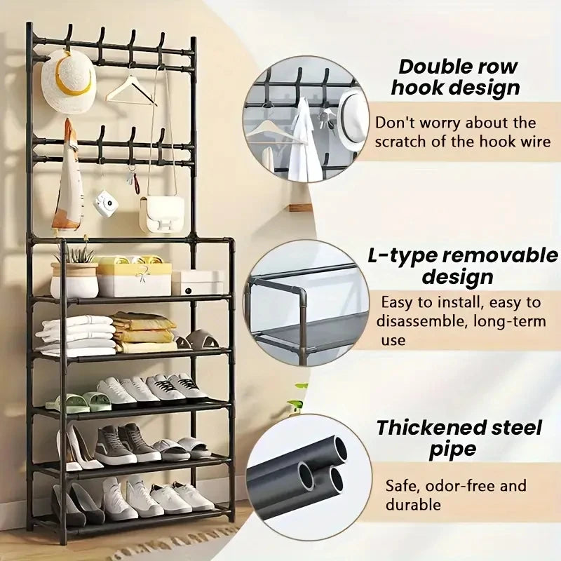 A clothes hanger and shoe rack , used for storing shoes, clothes, jackets, hats, bags, umbrellas i