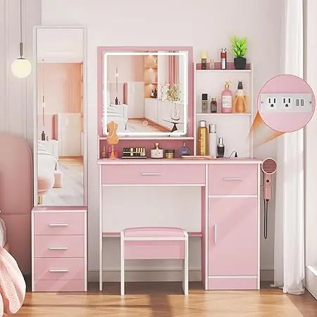 Makeup Vanity with Lights and 2 Mirror, Vanity Table with 3 Lighting Modes and Stool Set, Large Dressing Table with Drawers, Va