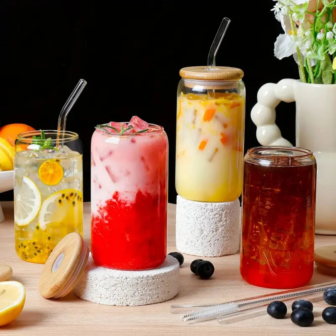 6pcs 18.6oz/Drinking Glasses with Bamboo Lids and Glass Straw