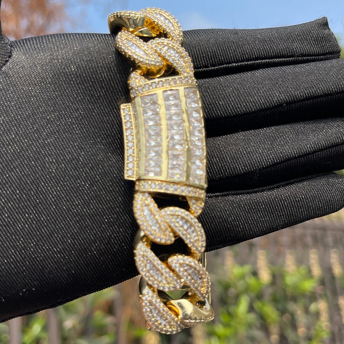 Bubble Letter Baguette Link Bracelet for Men - Iced Out Prong Setting