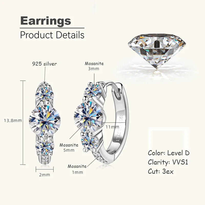 S925 Silver Hoop Earring - Ladies Moissanite Dangle Earrings - Three Stone D Color Glittering Diamond