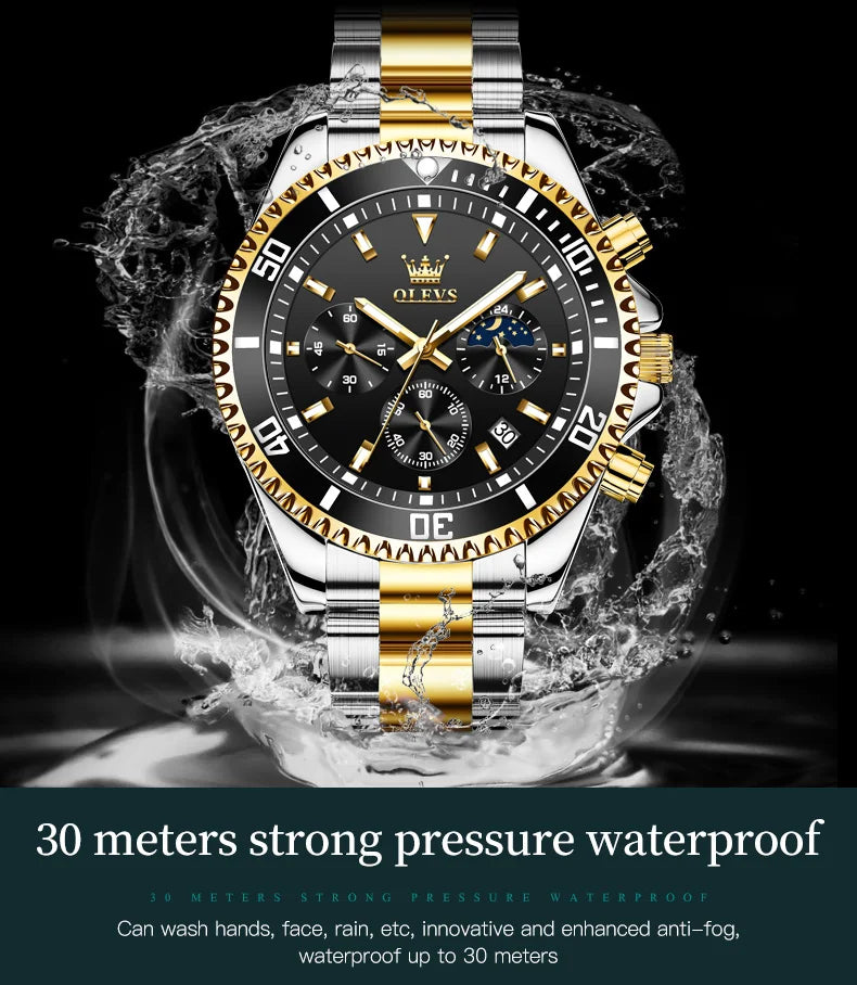 Moon Phase Men's Watches - Original Waterproof Luxury Quartz Watch Stainless Steel Chronograph
