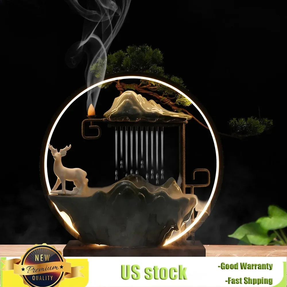 Indoor Water Fountain With Mist Touch Switch LED Light - Incense Burner Waterfall