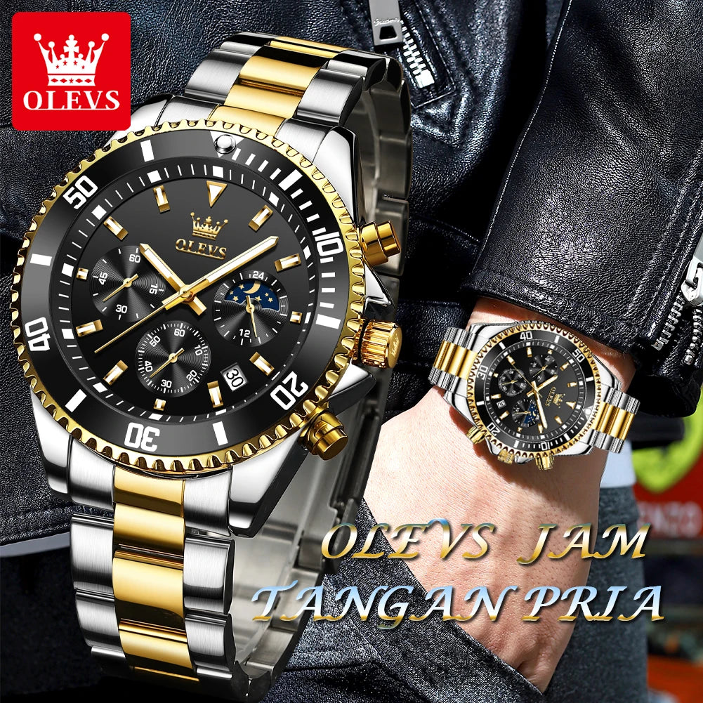 Moon Phase Men's Watches - Original Waterproof Luxury Quartz Watch Stainless Steel Chronograph