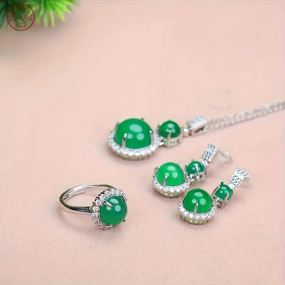 925 Silver Natural Ice Chalcedony Fashion Jewelry Set - Classic Luxury Round Green Earrings for Women - Diamond Ring - Necklace