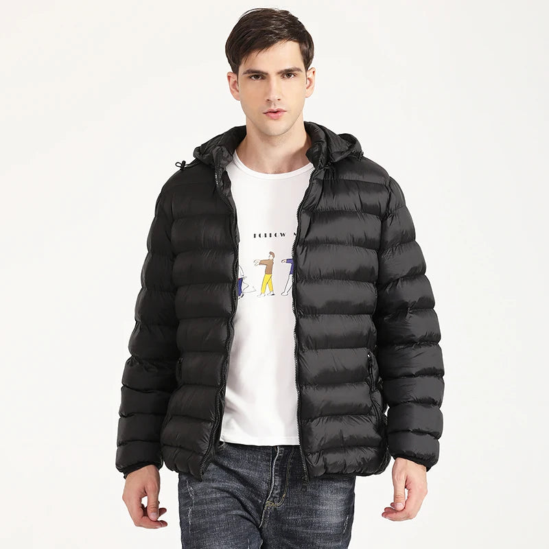 Men's Down Puffer Jacket - Cotton Padded Winter Jacket - Hooded Down Coat - Water and Wind-Resistant Coat