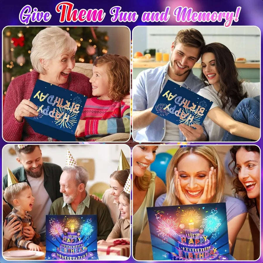 Fireworks Birthday Cards 3D Pop Up Blowable Cake. Greeting Cards with Lights Music Happy Birthday