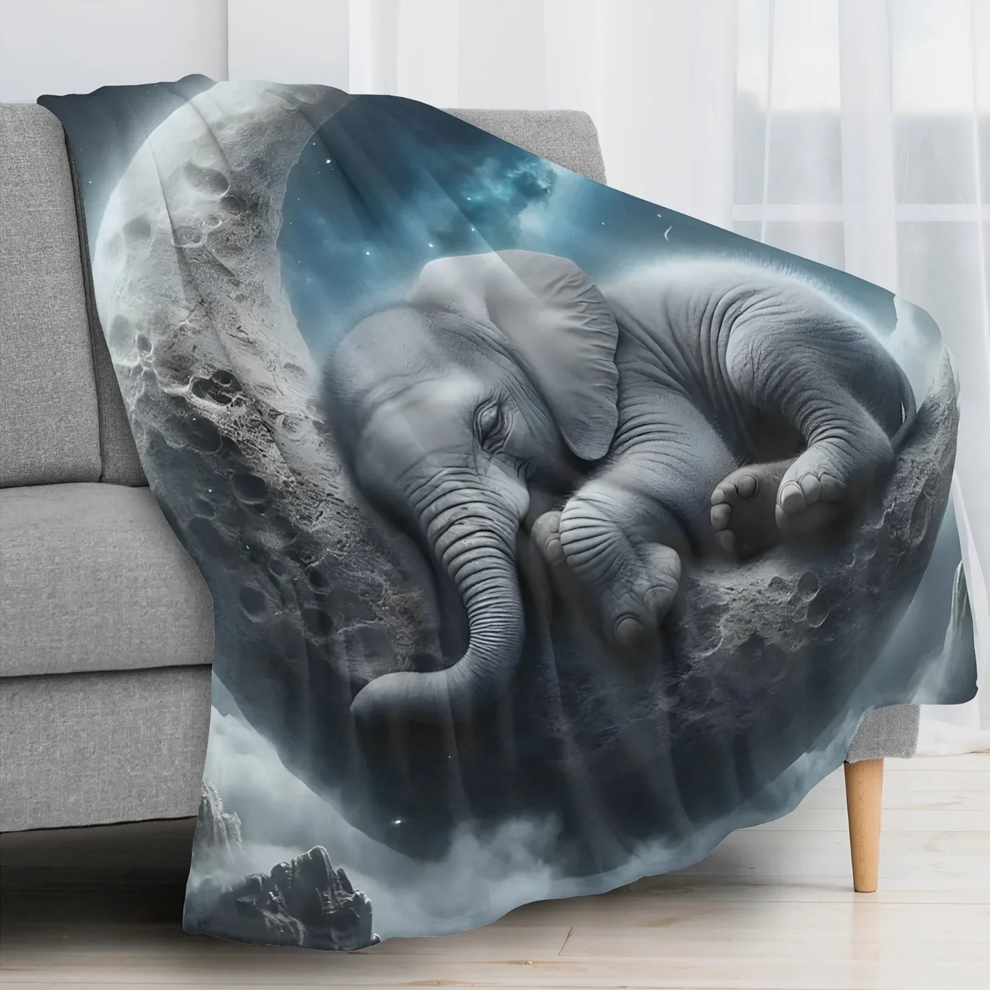 [Machine Washable Travel Blanket -  1pc Elephant Leaning On The Moon Sleeping