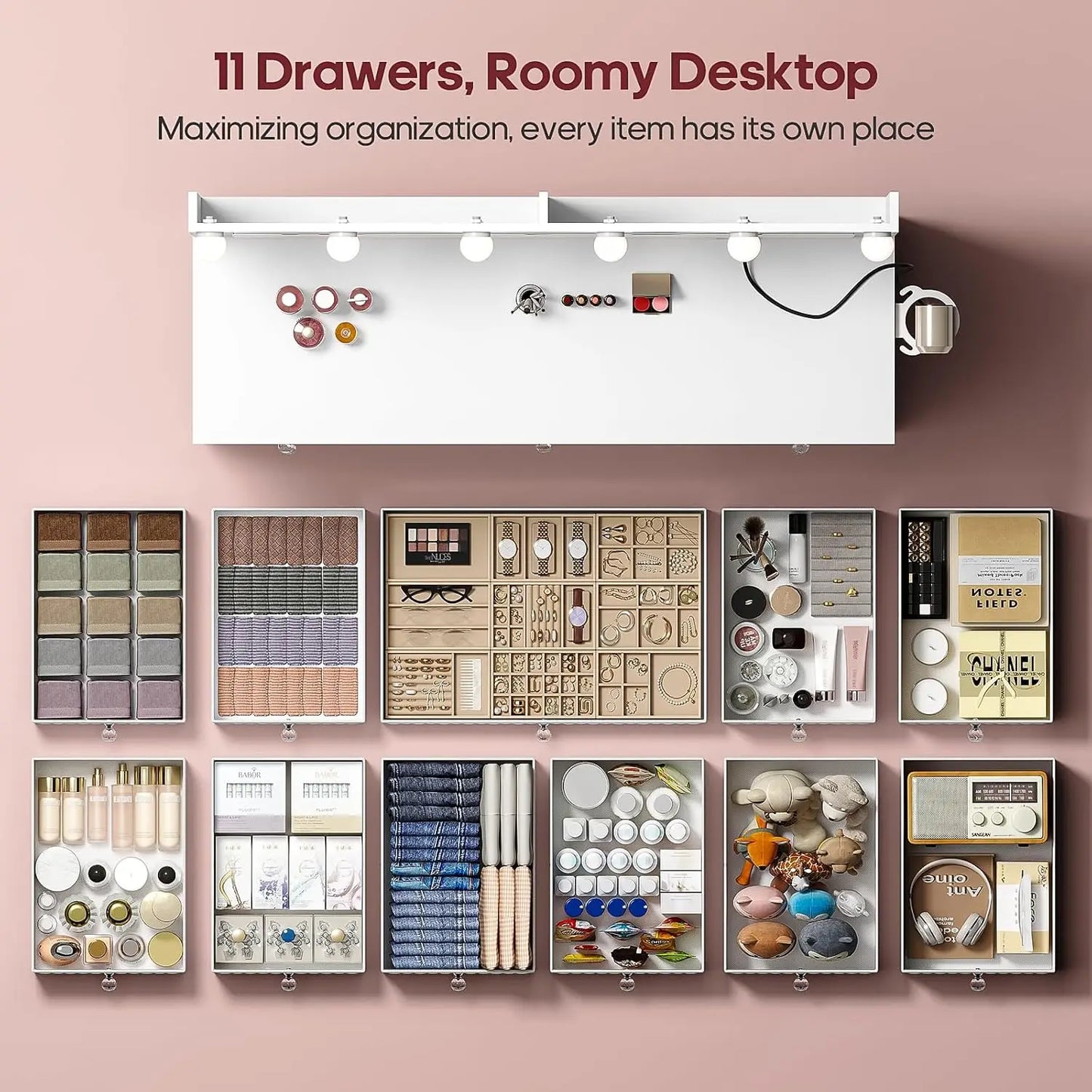 45.3” Vanity Desk with Storage, Dressing Table -  Extra Large Mirror and Lights,
