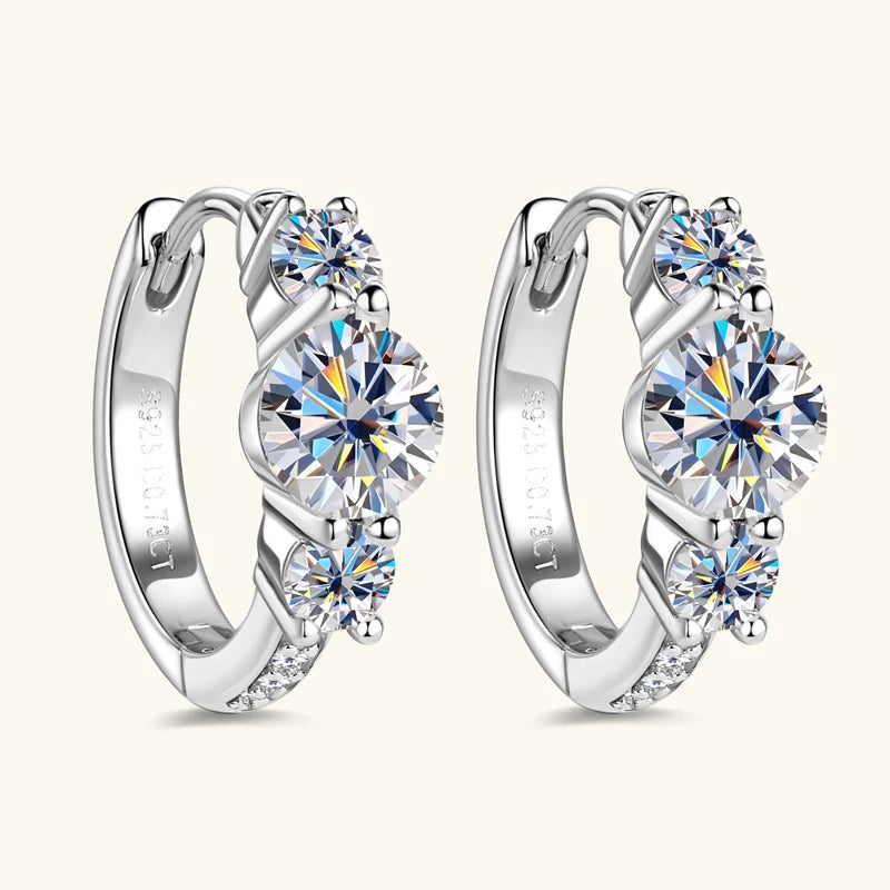 S925 Silver Hoop Earring - Ladies Moissanite Dangle Earrings - Three Stone D Color Glittering Diamond