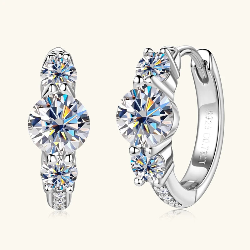 S925 Silver Hoop Earring - Ladies Moissanite Dangle Earrings - Three Stone D Color Glittering Diamond