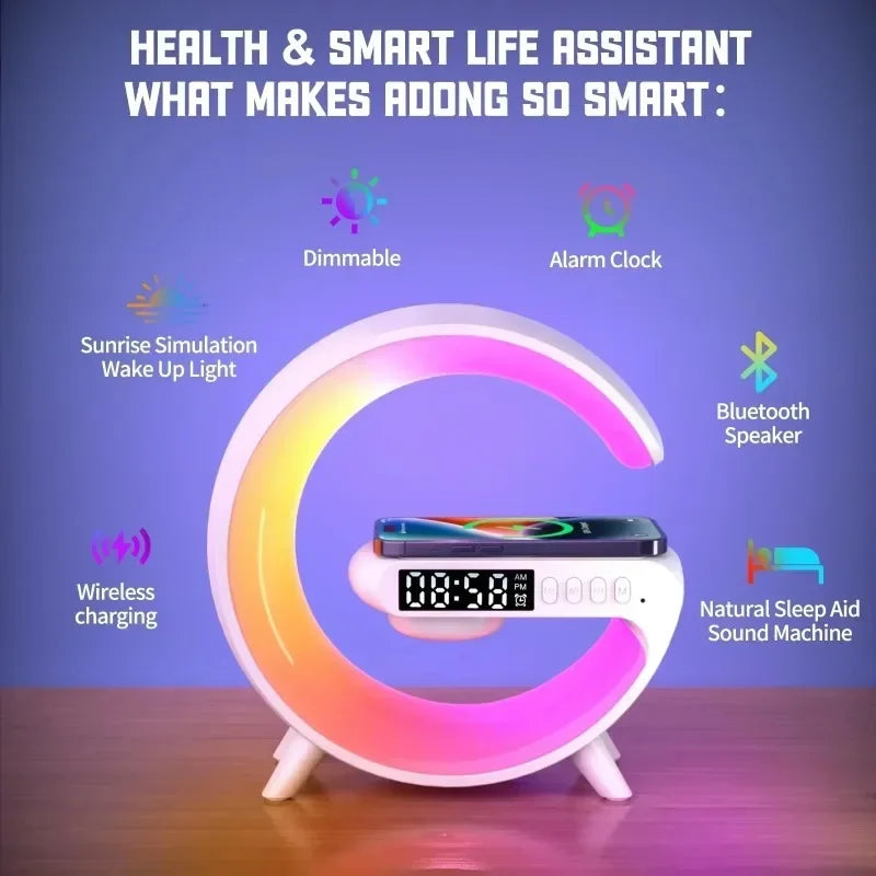 5.9" Fast Wireless Charger Desktop Stand Bluetooth Speaker - TF Clock RGB Atmosphere Light Lamp