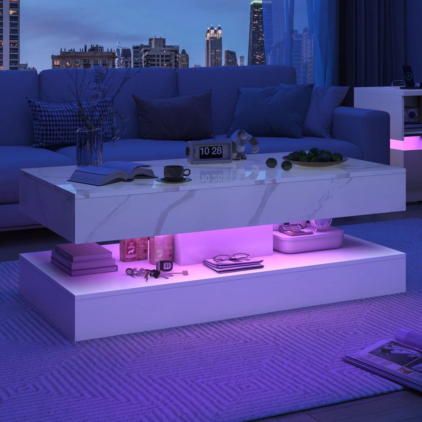 Stylish Coffee Table with LED lights, and 2 Storage Drawers