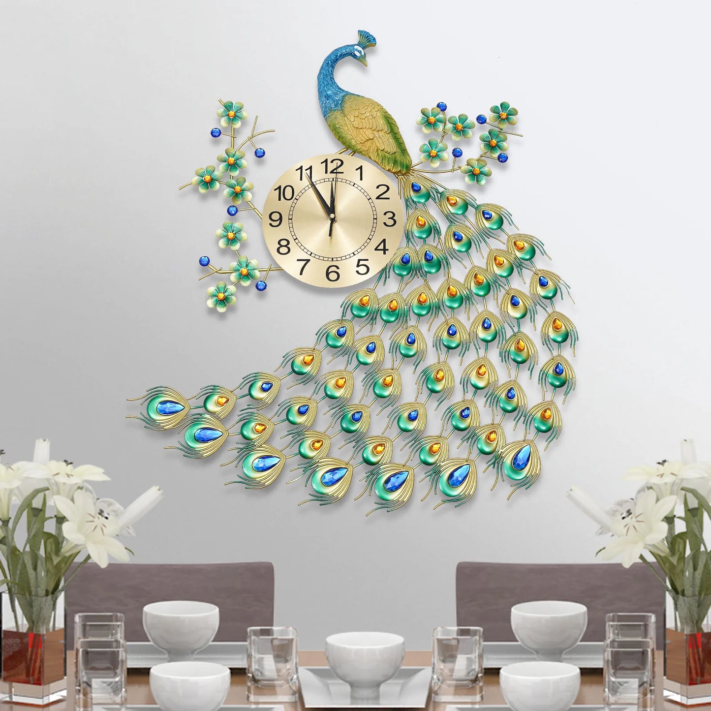 Luxury Peacock Wall Clock -  Metal 3D Art Decoration Wall Clock -  8.26Inch Silent Quartz
