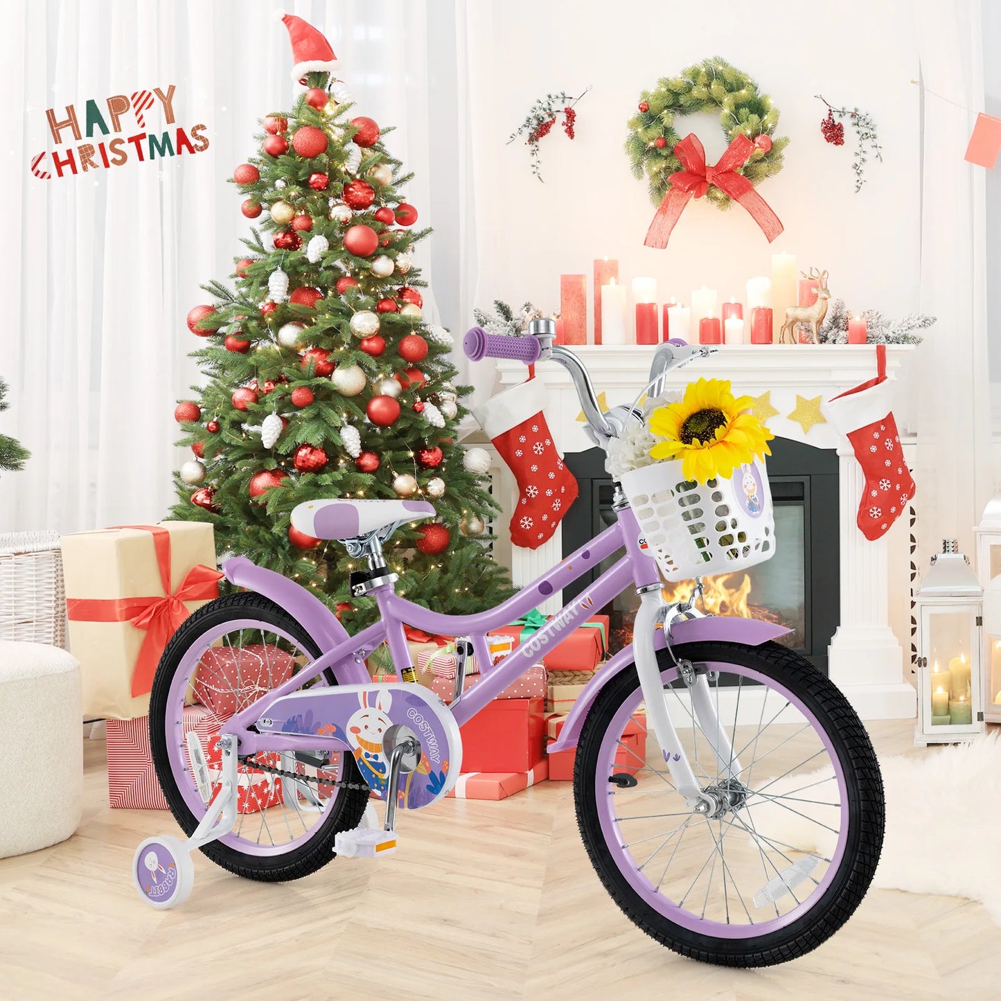 Girl Bike w/Basket Detachable Training Wheels Adjustable Seat Handbrake