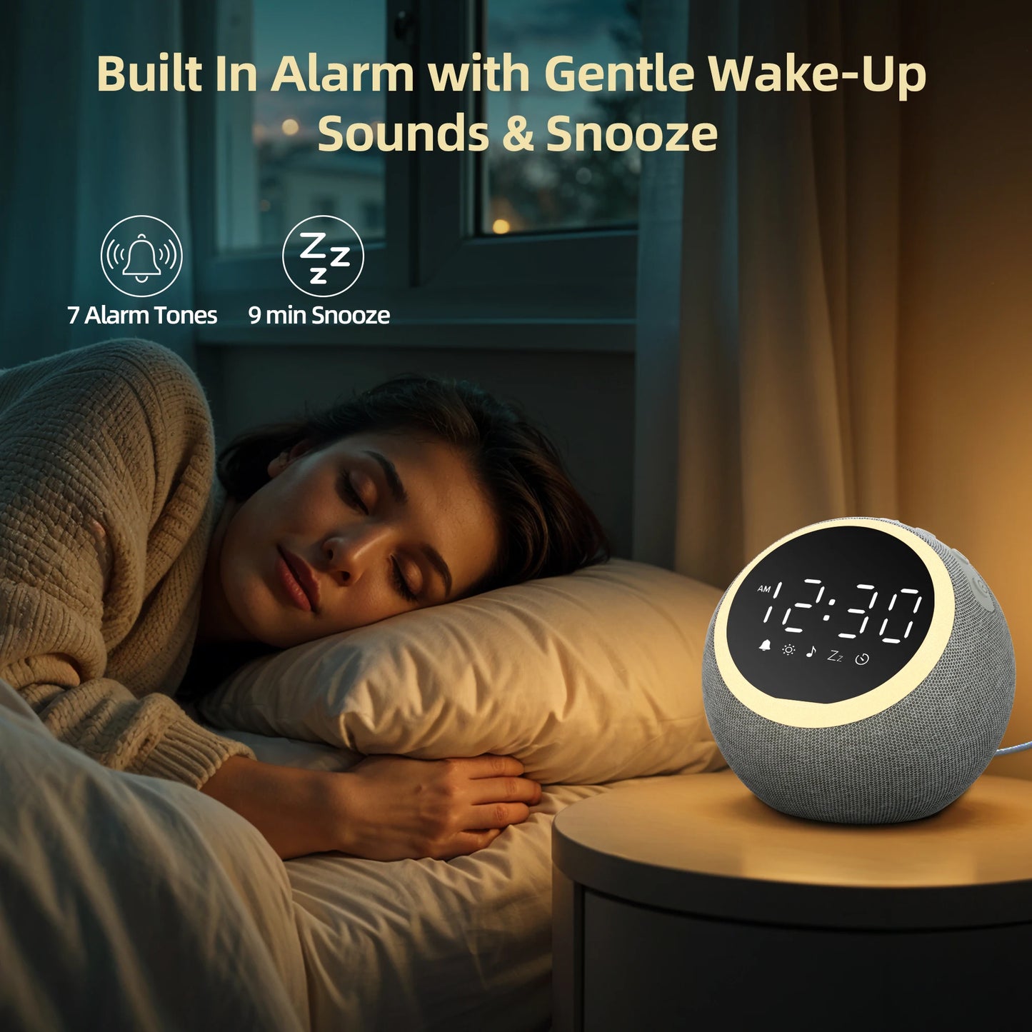 White Noise Sound Machine Alarm Clock with Night Light,-  25 Soothing Sounds, , Dimmable