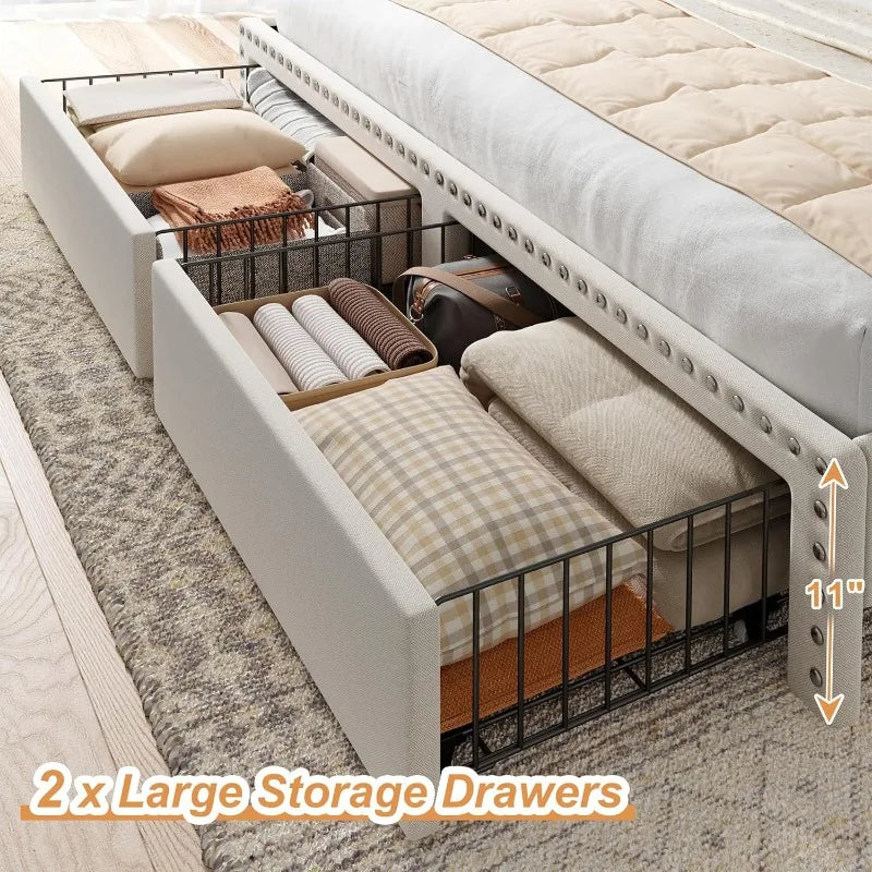 Upholstered King Size Bed Frame with Storage and Headboard