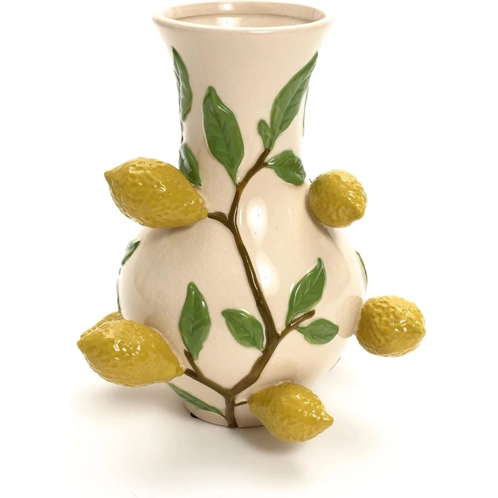 Unique Ceramic Flower Vase, - Modern Decorative Pottery Vases for Dining Table or Living Room Decor,- Ivory with Red Strawberries