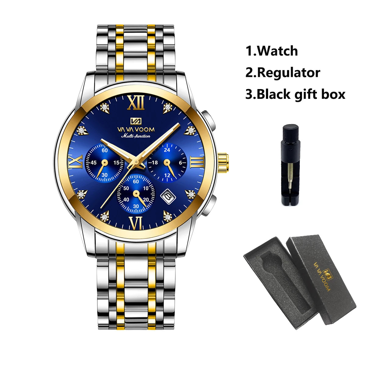 Men Multifunctional Watch - Fashionable Stainless Steel Strap - Blue Gold Rhinestone Clock