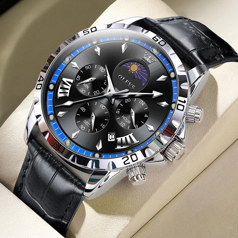 Original Moon Phase Men Watch -  Luminous Waterproof Quartz Watch - Calendar Chronograph Stainless Steel Wristwatch