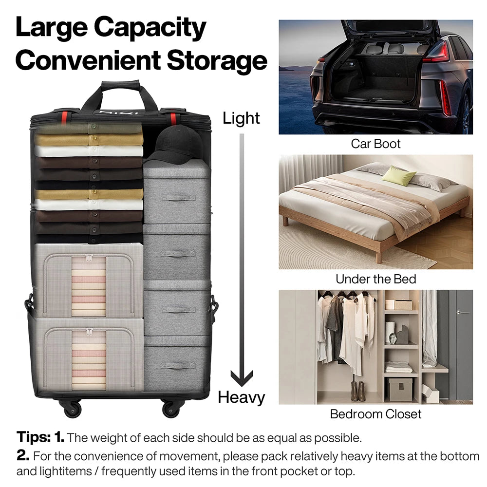 Mixi Foldable Travel Bag  -  Hand Carry Duffel Bag with Wheels - Expandable Rolling Travel Bag - Large Capacity Waterproof Luggage Bag