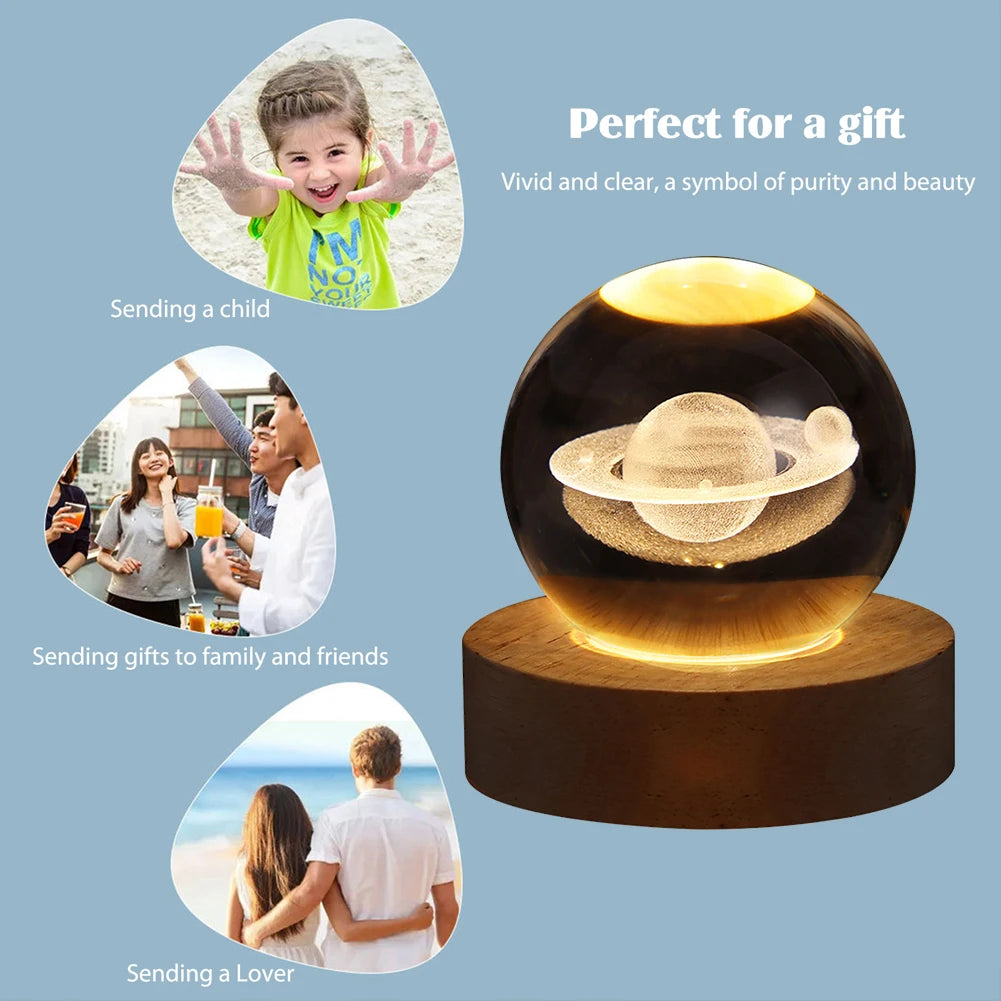 LED Crystal Ball Night Light - Crystal Ball Lamp with Wooden Base - USB Charging