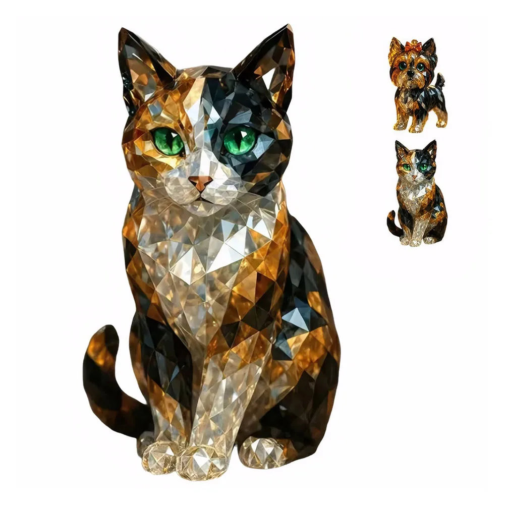 Fake Crystal Animal Sculptures Cat/Dog Figurines - Resin Collectible Art Clear Statue for Home Office Shelf Desk Decor