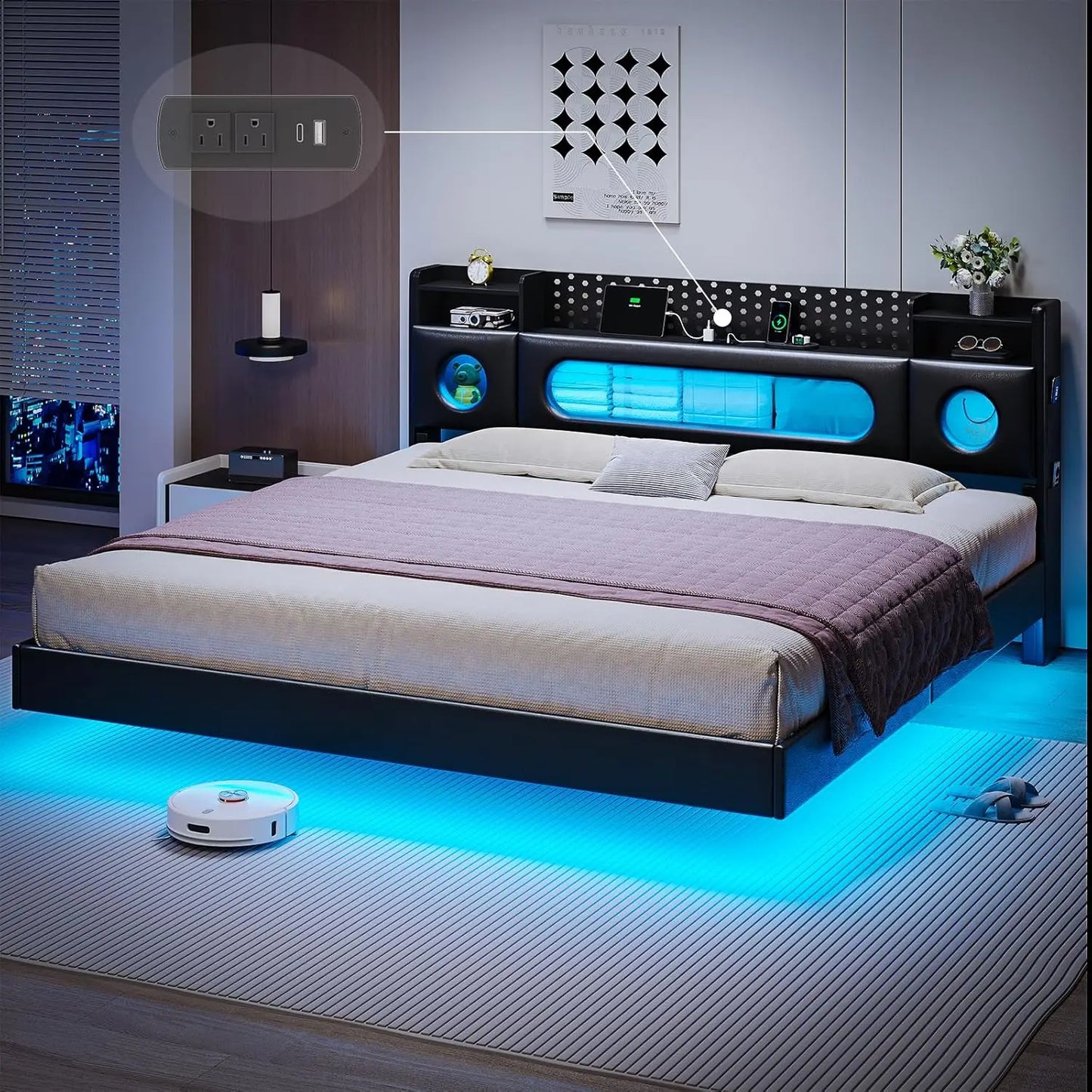 Floating Bed Frame King with Storage & Headboard, - Platform Bed with LED Lights, - Floating King Size Bed Frame with Headboard