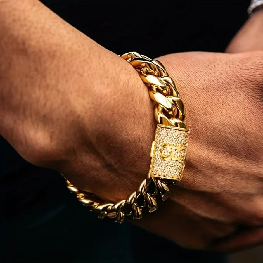 14mm Cuban Link Chain Bracelets - 18K Gold Plated Stainless Steel - Exaggerated Big Bangle Bracelet. - Men'Letter Bracelet