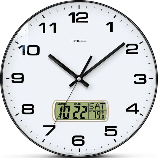 TIMESS Calendar Wall Clock,- 3 Sizes - 4 Colors Optional with Calendar and Fahrenheit Temperature