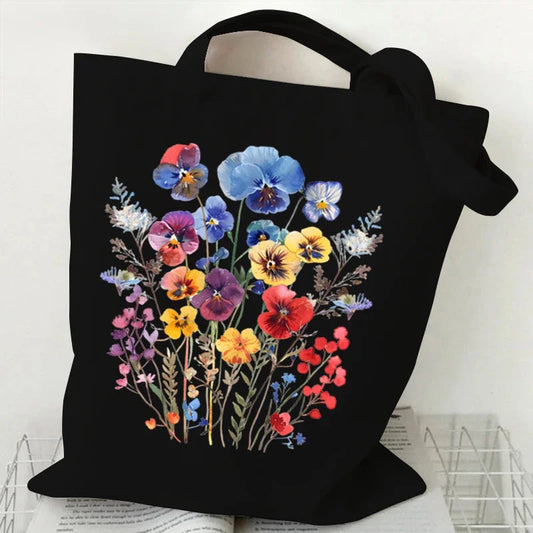Wildflowers Pattern Retro Graphics Canvas Tote Bag